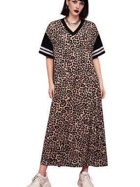 WKND Chasers Leopard Print Varsity Maxi Dress Oversized Lounge Dress Large NWOT